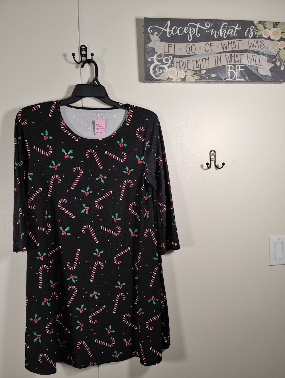 City Streets Large Black With Red And White Candy Canes Long Sleeve Nightgown